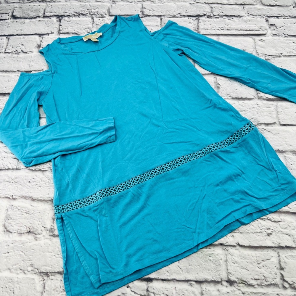 Michael Kors Womens Turquoise Blue Cold Shoulder Crochet Trim Tunic Top Size M